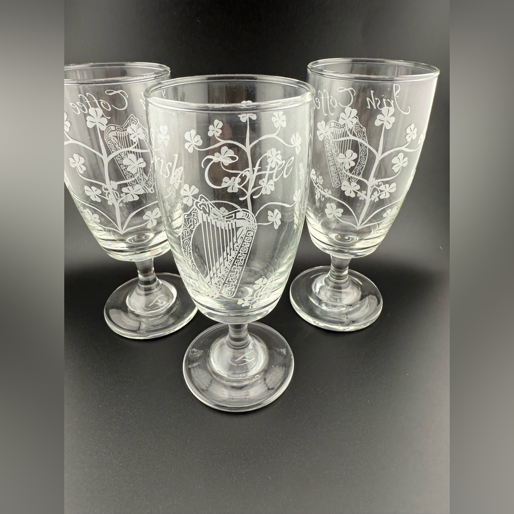 3 Eamon Irish Coffee glasses 8oz. Shamrocks & Harp etched